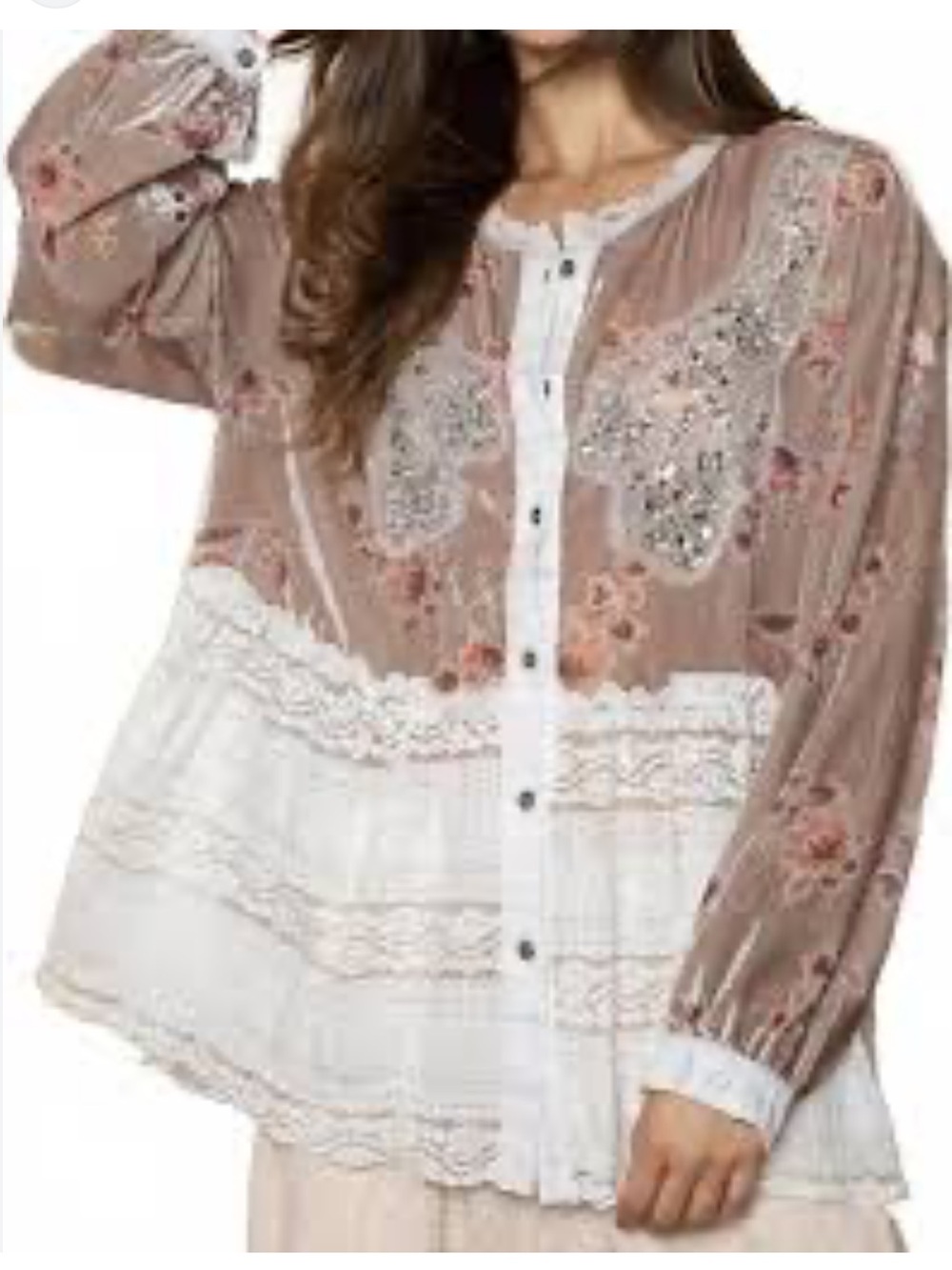 New: POL “Eternal Garden” Dusty Rose Boho Beaded Floral Lace Hem Blouse• M